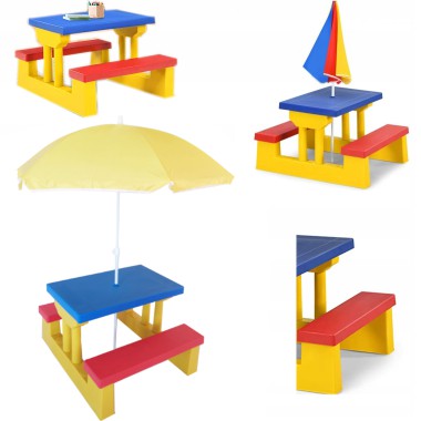 COIL Stół ogrodowy piknikowy dla dzieci z parasolem i ławkami żółto-niebiesko-czerwony