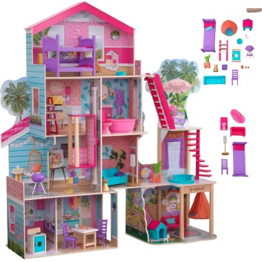 COIL Domek dla lalek drewniany duży + meble XXL akcesoria dla Barbie willa 145cm Kidkraft Pool Party