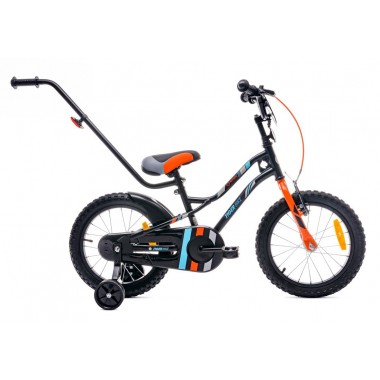 SUNBABY Rowerek dla chłopca 16 cali Tiger Bike z pchaczem czarno - pomarańczow - turkusowy